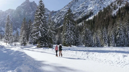 Der Lodenwirt in Vintl | Hotel, Residence & Restaurant Zwei Menschen gehen durch einen verschneiten Tannenwald vor schneebedeckten Bergen