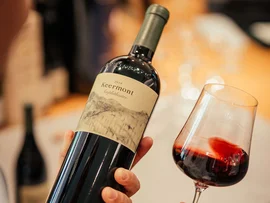 Der Lodenwirt in Vintl | Hotel, Residence & Restaurant Person hält Weinflasche und Glas mit rotem Wein in der Hand
